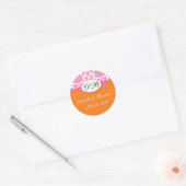 Roze Oranje bruiloft Monogram Damasdop Ronde Sticker (Envelop)