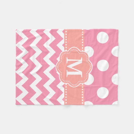 Roze Oranje Chevron Stippen Monogram Blanket Fleece Deken (Voorkant (Horizontaal))