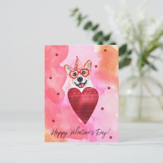 Roze Oranje Corgi Valentijnsdag Gift Dog Feestdagenkaart (Staand voorkant)
