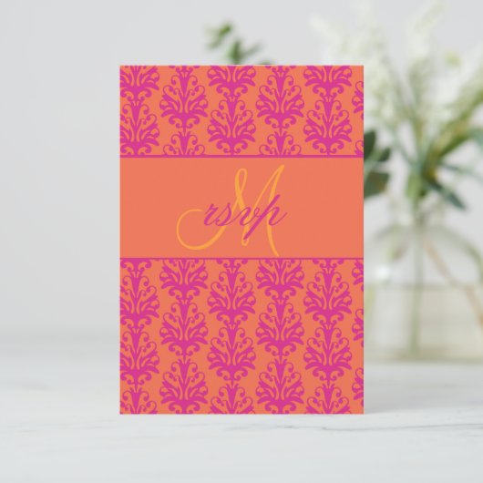 Roze Oranje Damask Wedding RSVP voor Square Invite (Staand voorkant)