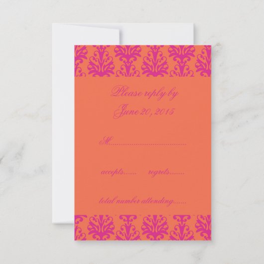 Roze Oranje Damask Wedding RSVP voor Square Invite (Achterkant)