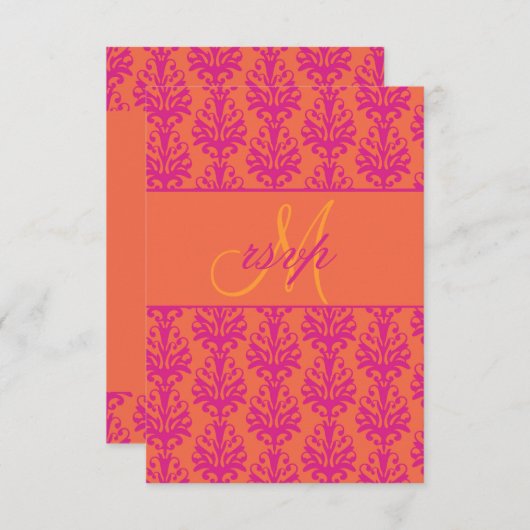 Roze Oranje Damask Wedding RSVP voor Square Invite (Voorkant / Achterkant)