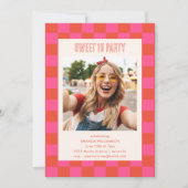 Roze Oranje dambord Sweet 16 Party Foto Kaart (Voorkant)