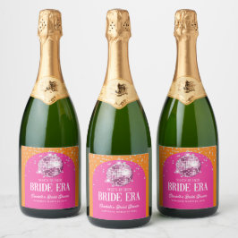 Roze Oranje Disco Bruid Tijdperk Bruiloft Feest Sparkling Wijnetiket