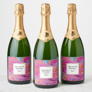 Roze Oranje Draaikolken Groovy Trouwontwerp Sparkling Wijnetiket