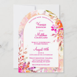 Roze Oranje Elegante Bloemrijke Boogvormige Trouw Kaart