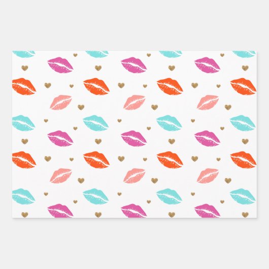 Roze, Oranje en blauwe Valentijnen & goudharten Inpakpapier Vel (Voorkant)