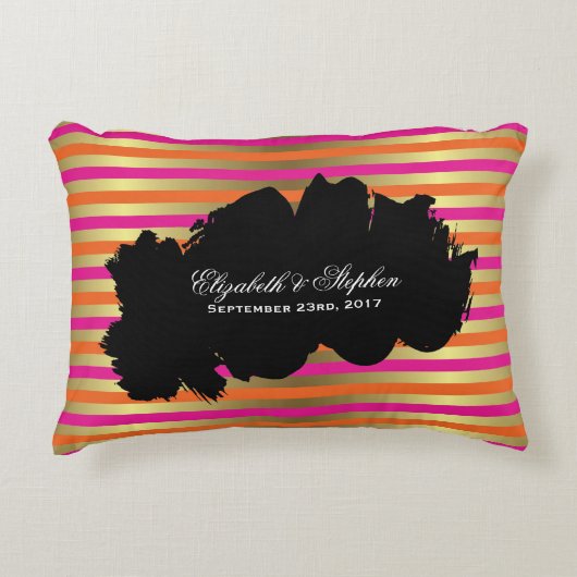 Roze, Oranje en Faux Gold Metallic Stripes Wedding Decoratief Kussen (Voorkant)