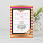 Roze, Oranje en Faux Gold Metallic Stripes Wedding Kaart (Staand voorkant)