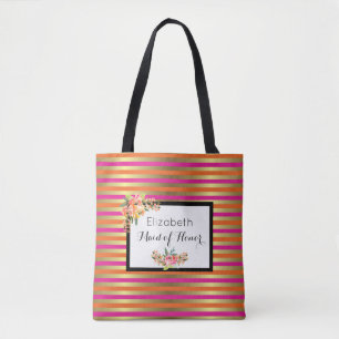 Roze, Oranje en Faux metalen strips met Floral Tote Bag