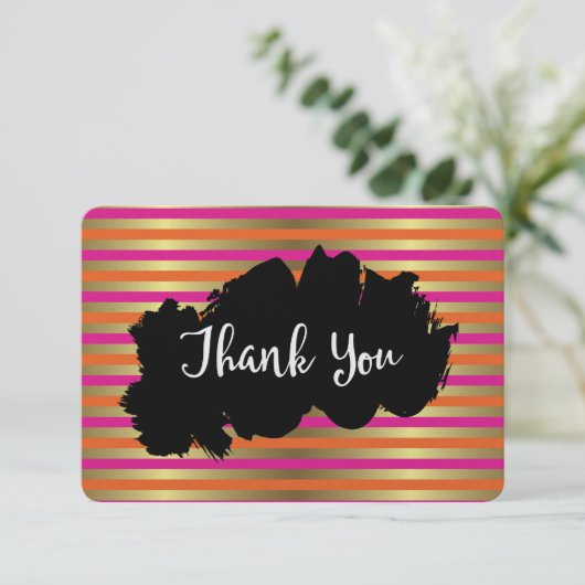 Roze, Oranje en Faux Metallic Gold Stripe Hartelij Bedankkaart (Staand voorkant)