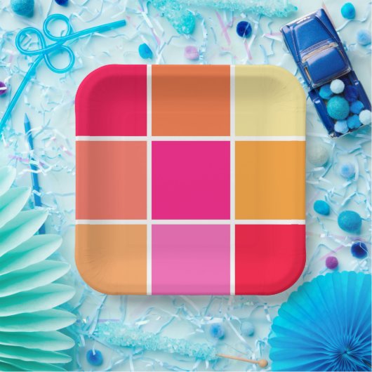 Roze, Oranje en gele vierkantjes Papieren Bordje (Feest)