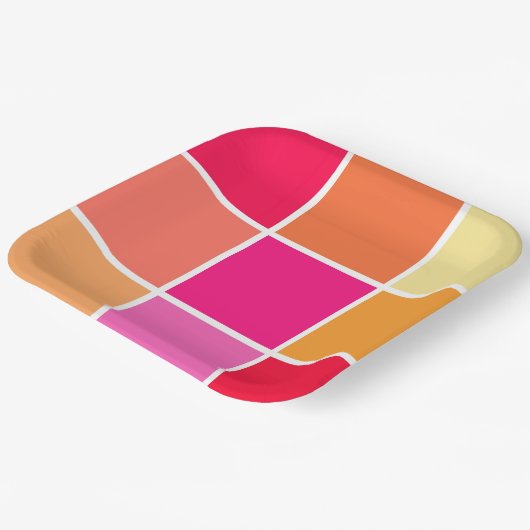 Roze, Oranje en gele vierkantjes Papieren Bordje (Gebogen)
