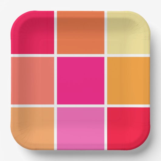 Roze, Oranje en gele vierkantjes Papieren Bordje (Voorkant)