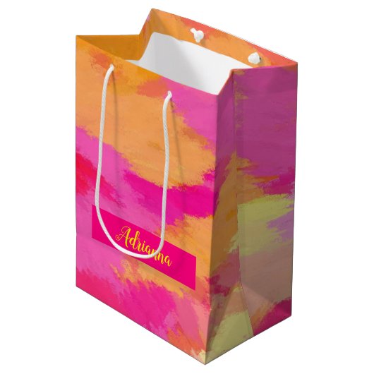 Roze, Oranje en gele Waterverf Medium Cadeauzakje (Voorkant Gekanteld)