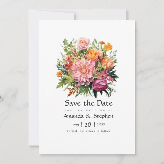 Roze, Oranje en Groene Bloemige Bruiloft Save The Date (Voorkant)