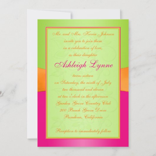 Roze, Oranje en groene zoete zestien uitnodiging (Achterkant)