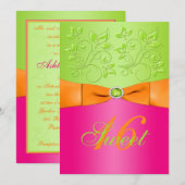 Roze, Oranje en groene zoete zestien uitnodiging (Voorkant / Achterkant)