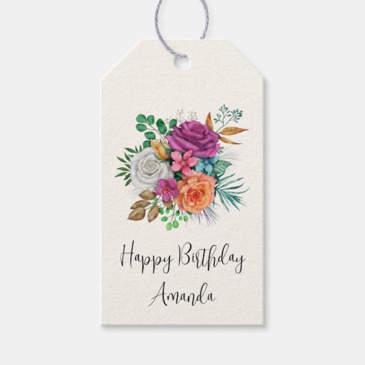 Roze, Oranje en witte rozen Bouquet Birthday Cadeaulabel (Voorkant)