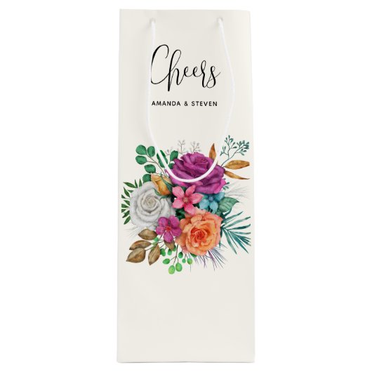 Roze, Oranje en witte rozen Bouquet Cheers Wijn Cadeautas (Voorkant)