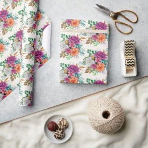 Roze, Oranje en witte rozen Floral Bouquet Cadeaupapier