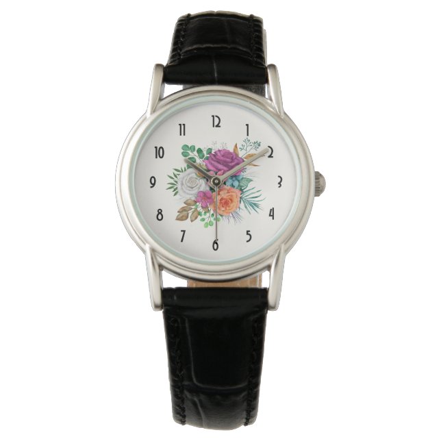Roze, Oranje en witte rozen Floral Bouquet Horloge (Voorkant)