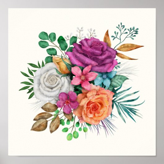 Roze, Oranje en witte rozen Floral Bouquet Poster (Voorkant)