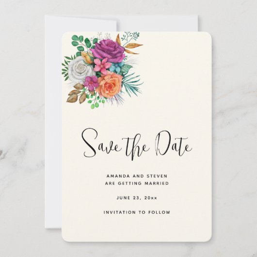 Roze, Oranje en witte rozen Floral Bouquet Save The Date (Voorkant)