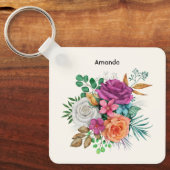 Roze, Oranje en witte rozen Floral Bouquet Sleutelhanger (Voorkant)