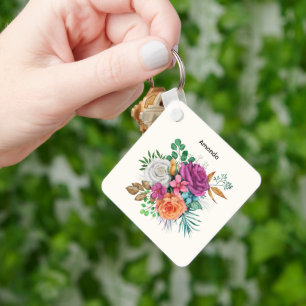 Roze, Oranje en witte rozen Floral Bouquet Sleutelhanger