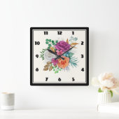 Roze, Oranje en witte rozen Floral Bouquet Vierkante Klok (Huis)