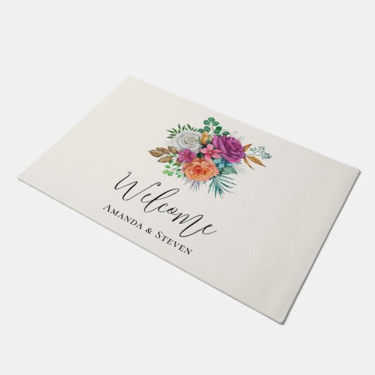 Roze, Oranje en witte rozen Floral Welkom Deurmat (Schuin)