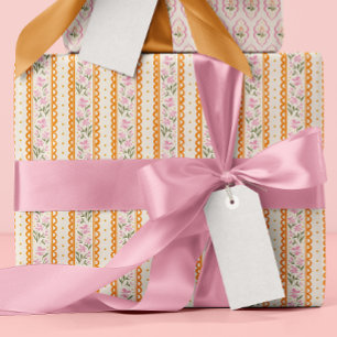 Roze Oranje Fijne Bloem Strepen Patronen Cadeaupapier
