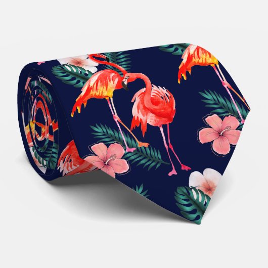 Roze Oranje Flamingo patroon op marineblauw Stropdas (Opgerold)