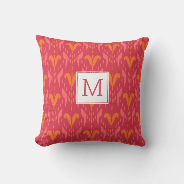 Roze Oranje  flora Ikat Aangepast monogram Buitenkussen (Voorkant)