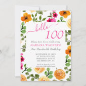 Roze Oranje Floral Elegant Script 100th Birthday Kaart (Voorkant)