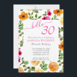 Roze Oranje Floral Elegant Script 30th Birthday Kaart<br><div class="desc">Roze en oranje eenvoudige waterverf florale 30e verjaardagsuitnodiging met elegant script dat schrijft.</div>