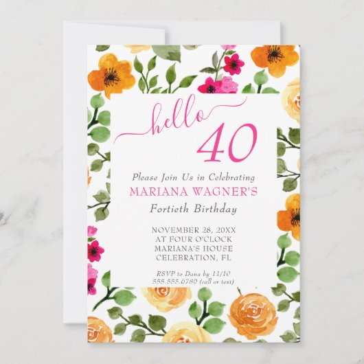 Roze Oranje Floral Elegant Script 40th Birthday Kaart (Voorkant)