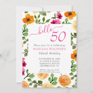 Roze Oranje Floral Elegant Script 50th Birthday Kaart