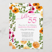 Roze Oranje Floral Elegant Script 55th Birthday Kaart (Voorkant / Achterkant)