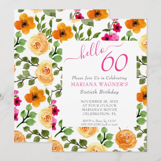 Roze Oranje Floral Elegant Script 60th Birthday Kaart (Voorkant / Achterkant)