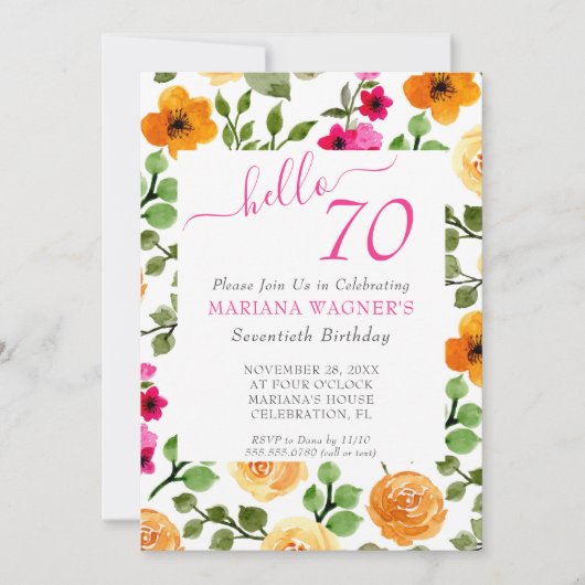 Roze Oranje Floral Elegant Script 70th Birthday Kaart (Voorkant)