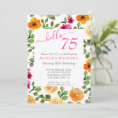 Roze Oranje Floral Elegant Script 75th Birthday Kaart (Staand voorkant)