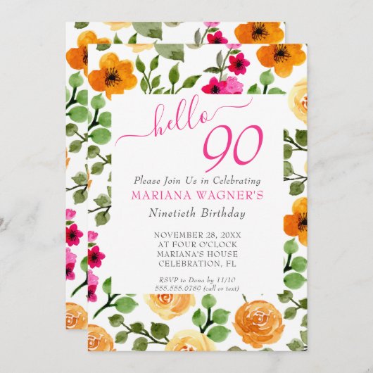 Roze Oranje Floral Elegant Script 90th Birthday Kaart (Voorkant / Achterkant)