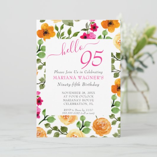 Roze Oranje Floral Elegant Script 95th Birthday Kaart (Staand voorkant)
