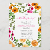 Roze Oranje Floral Elegant Script Birthday Party Kaart (Voorkant / Achterkant)