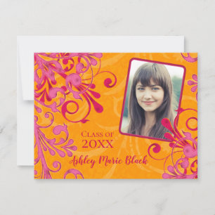 Roze Oranje Floral Foto Afstuderen Uitnodiging