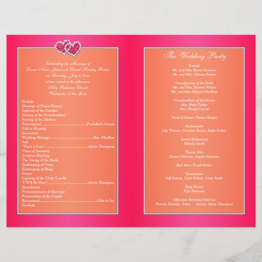 Roze Oranje Floral, Hearts Wedding Programme (Achterkant)