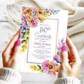 Roze Oranje Floral Surprise 50th Birthday Party Kaart