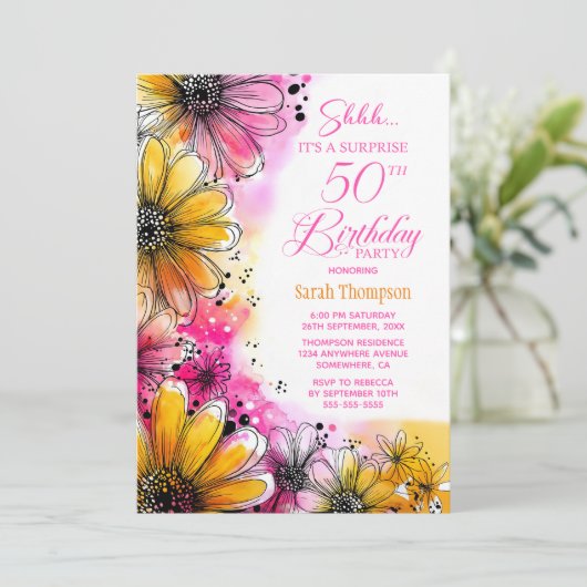 Roze Oranje Floral Surprise 50th Birthday Party Kaart (Staand voorkant)